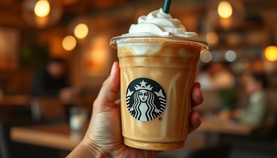 Hand holding a specialty coffee drink with logo in a cafe.