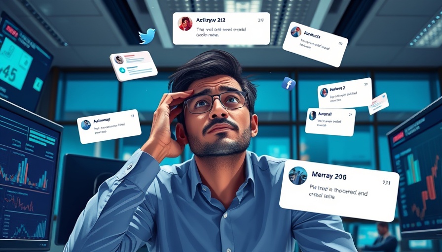 Businessperson overwhelmed by negative social media in a modern office.