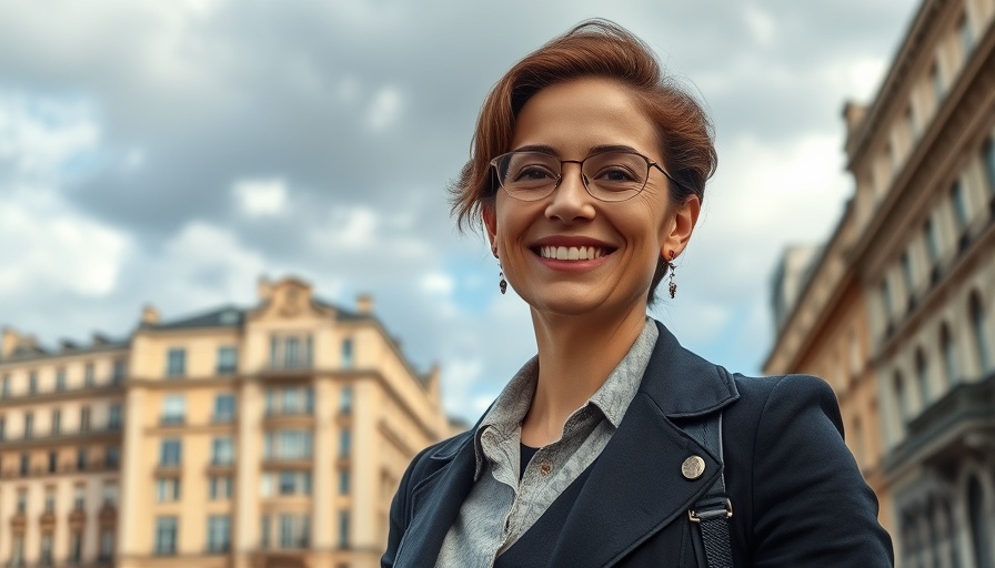Confident woman smiling with urban city backdrop, specialty coffee shops.