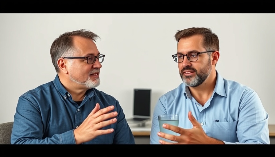 Two men discuss structured water device health benefits in a virtual interview.