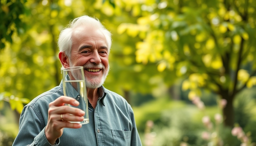 Elderly man enjoying health benefits of structured water device in garden.