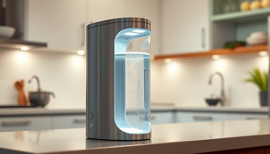 Modern structured water device on countertop highlighting health benefits.