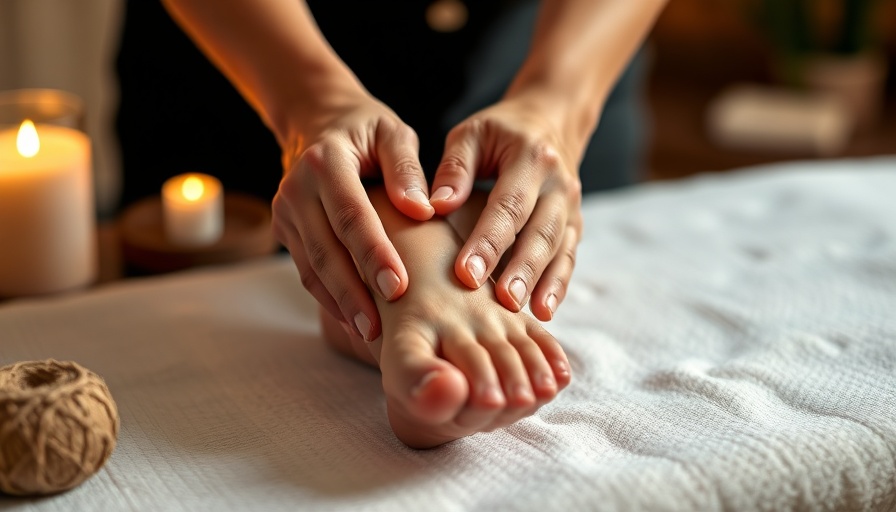 Hands performing reflexology on a foot in a calming spa setting.