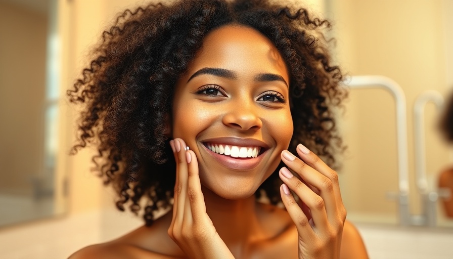 Smiling woman applying skincare, ethnic rhinoplasty specialist context.