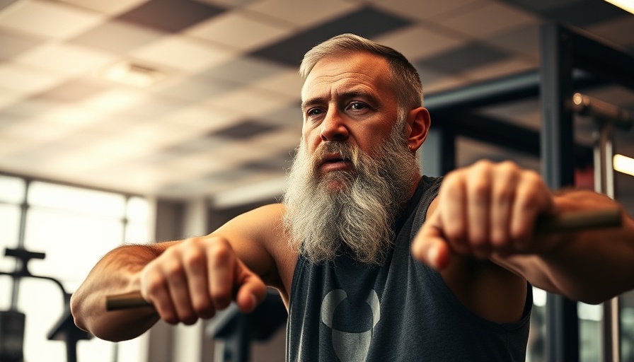 Older man exercising in gym with headphones, modern setting.