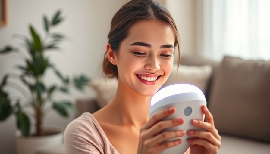 Woman using LED solution for hair restoration in cozy setting.