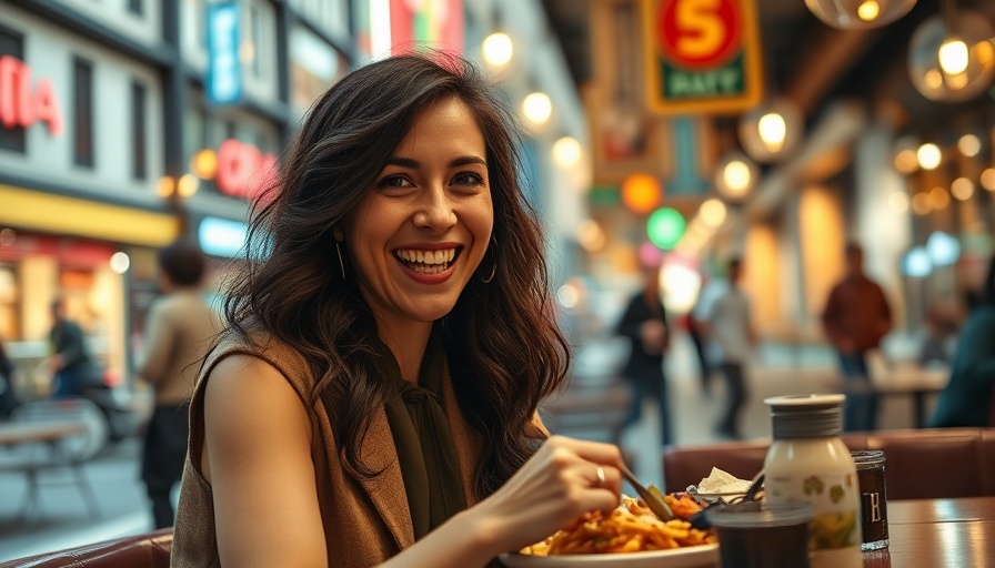 Cheerful woman dining in urban setting enjoying meal