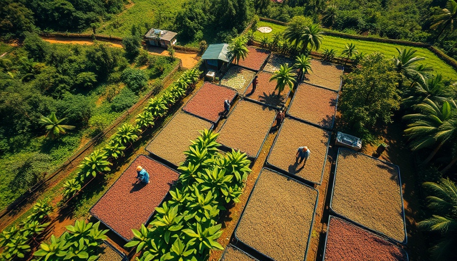 Workers at coffee drying tables in lush green landscape.
