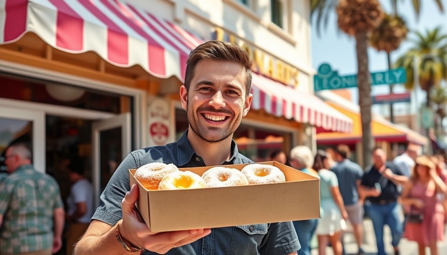 Leonard's Bakery malasadas held by a smiling man outside famous bakery.