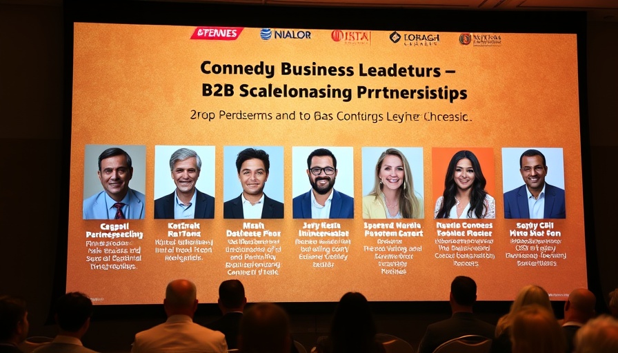Conference slide on leveraging B2B partnerships with speaker portraits.