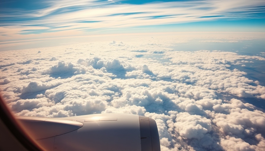 Aerial view from airplane window displaying engine and clouds, symbolizing international growth strategy.