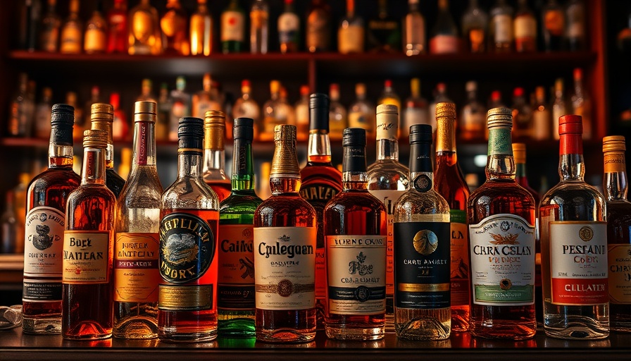 Colorful liquor bottles on a backlit bar shelf.