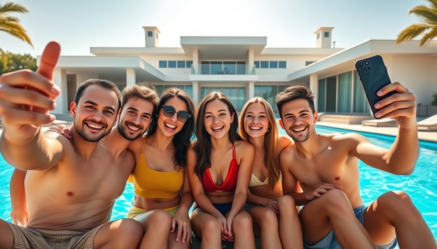 Group of young adults by a pool taking a selfie representing content houses affiliate marketing.
