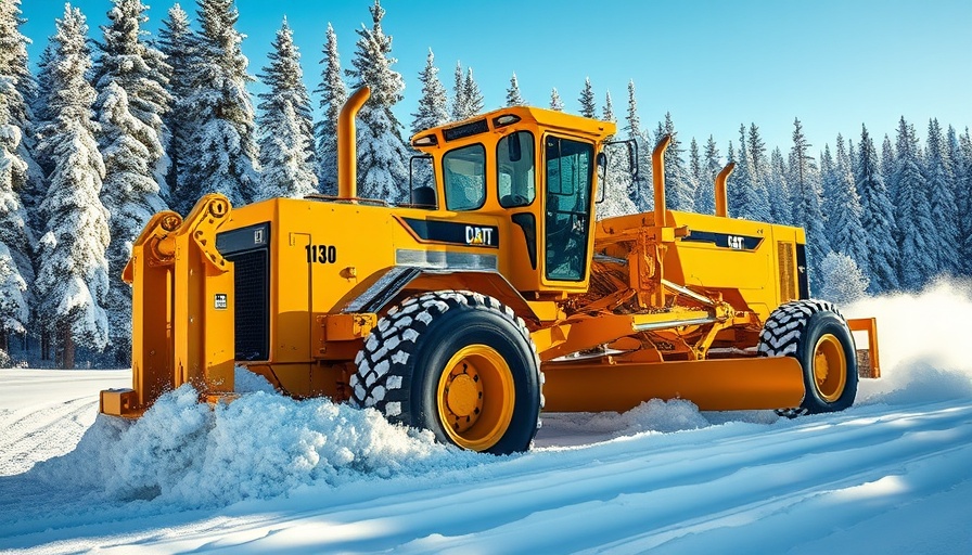 Caterpillar 140 Lever Motor Grader clearing snow in a snowy forest landscape.