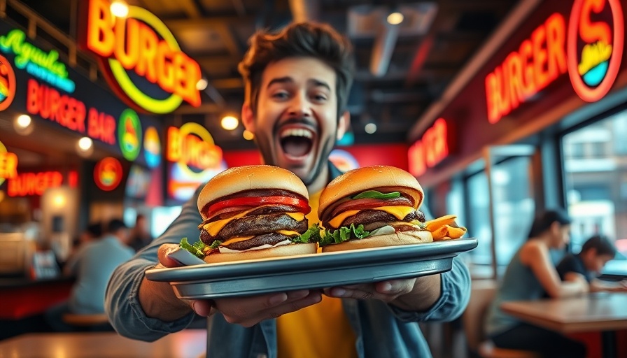 Happy person showcasing burgers and fries at a lively burger bar.