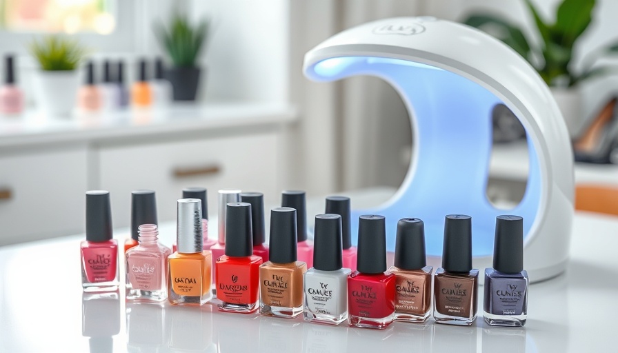 Various nail polish brands with LED lamp on a white table.
