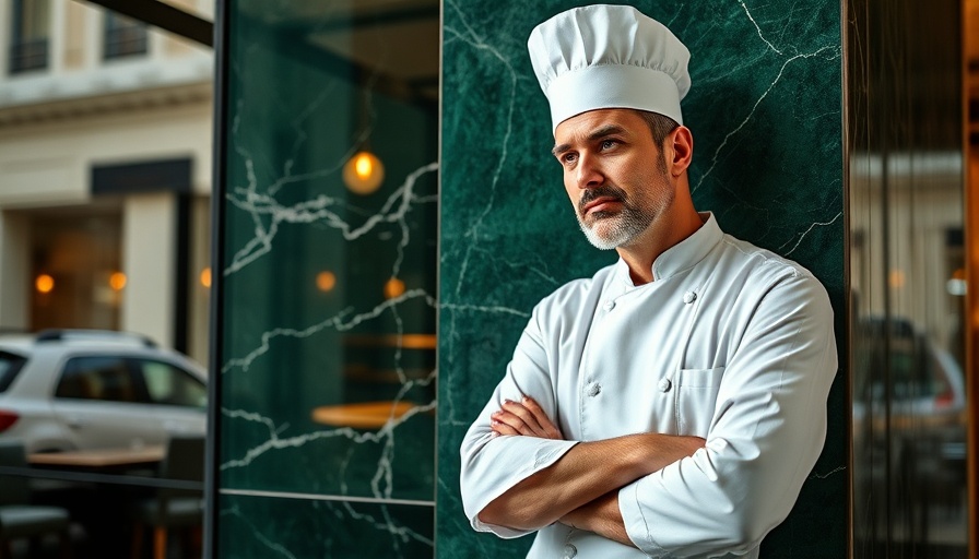Chef in white uniform at Eleven Madison Park entrance.