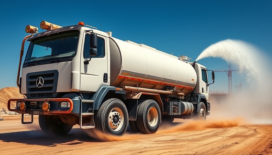 Large water tank truck spraying water on construction site.