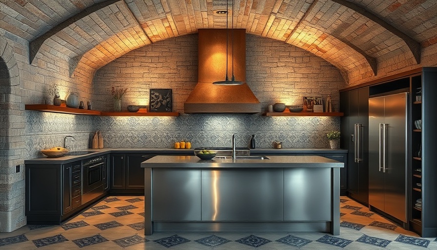 Rustic kitchen interior with stone walls and artistic decor.