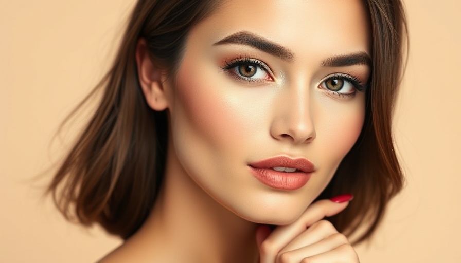 Woman showcasing flawless makeup for mature skin, beige background.