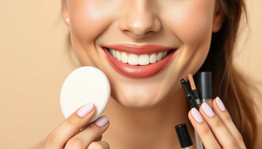 Smiling woman with makeup sponge and products for flawless foundation.