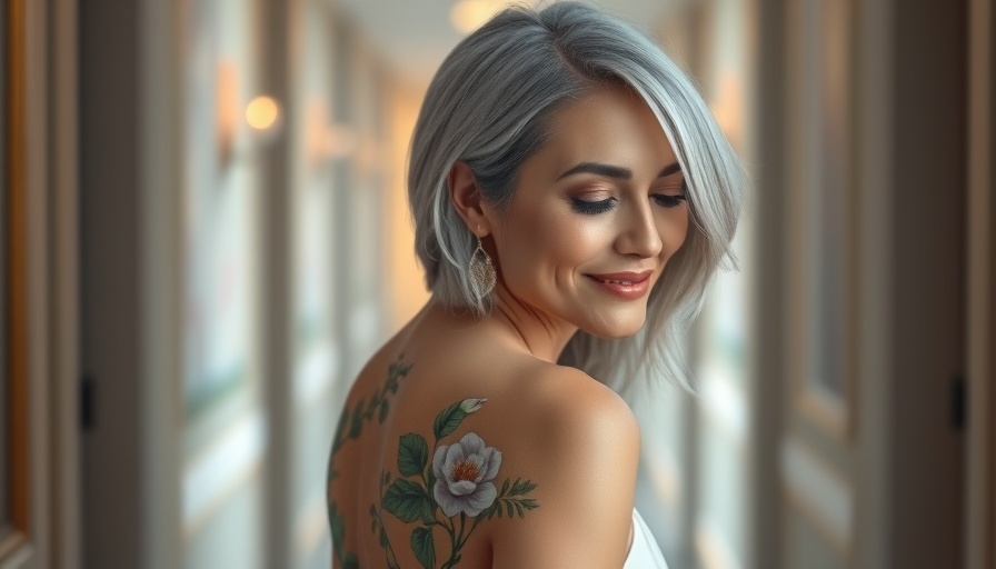 Elegant woman over 40, smile, silver hair, floral paint back.