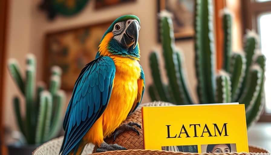 Colorful parrot beside a yellow LATAM book on a desk, affiliate marketing concept.