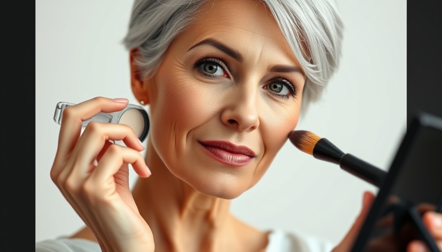 Mature woman with silver hair applying makeup, best tips for women over 40.