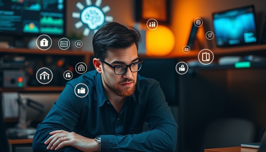 AI-Generated Content Monetization, man editing video with floating symbols.