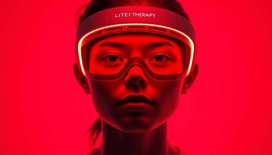 Person using a red light therapy mask in a bright setting.