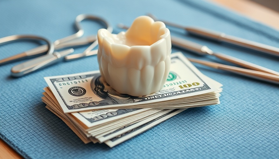Dental model on dollar bills with dental tools, illustrating dental implant cost.