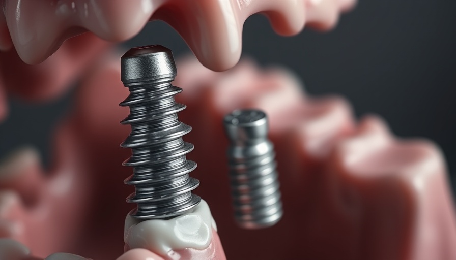 Close-up of dental implants on a model jaw, showcasing intricate details.