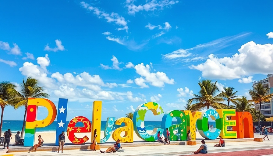 Colorful Playa del Carmen beachfront sign with people relaxing nearby, promoting affordable dental work.