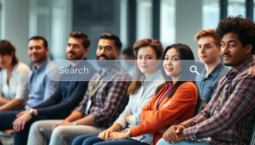 Group seated with search bar overlay in modern office.
