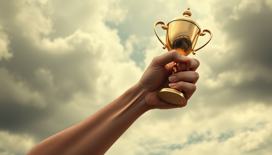 Hand holding a trophy triumphantly against a dramatic sky.