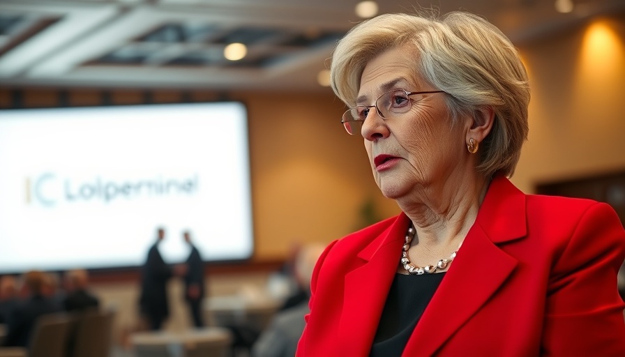 Elderly woman discussing at a dental conference backdrop.