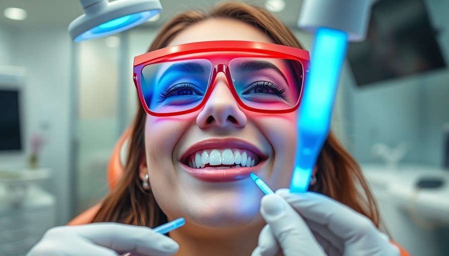 Teeth whitening near me: Woman undergoing blue light treatment in dental office.