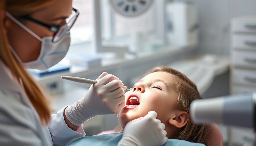 Dentist performing procedure on child in dental office.
