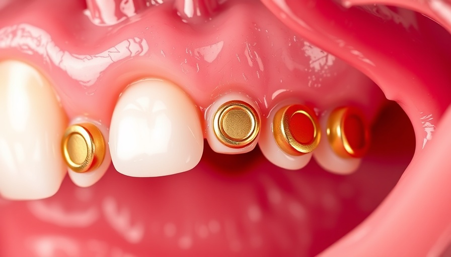 Close-up of LOCATOR abutments on gums, showing dental fixtures.