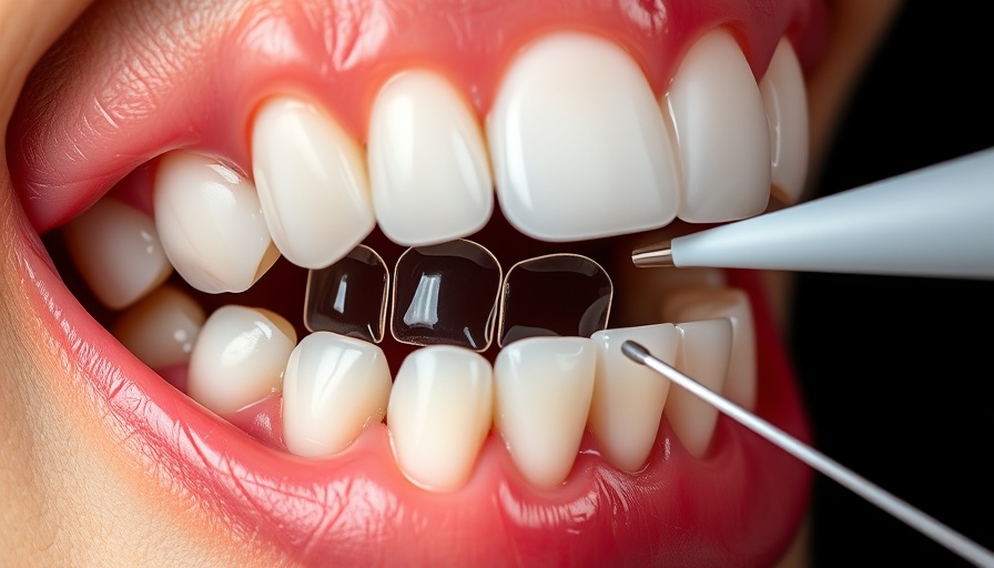 Snap-On dental veneers application on teeth, close-up view.