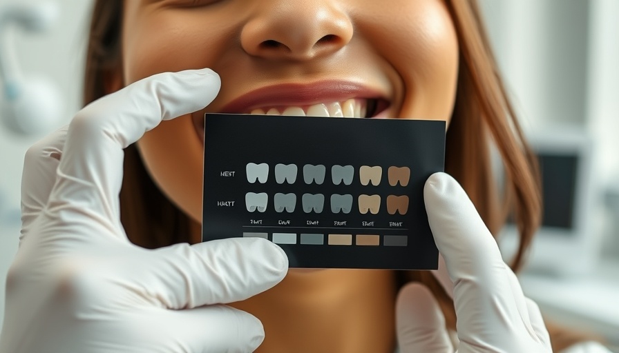Close-up dental shade comparison in a clinic setting.