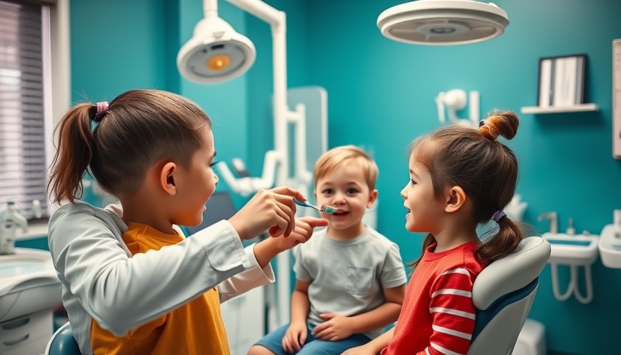 Dental professional teaching kids about oral hygiene in clinic for National Toothbrush Day.