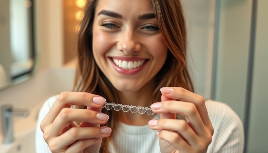 Smiling woman with Invisalign tray, demonstrating use.