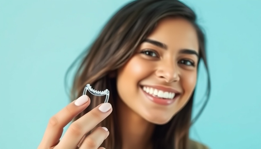Smiling woman with Invisalign aligner, bright background.
