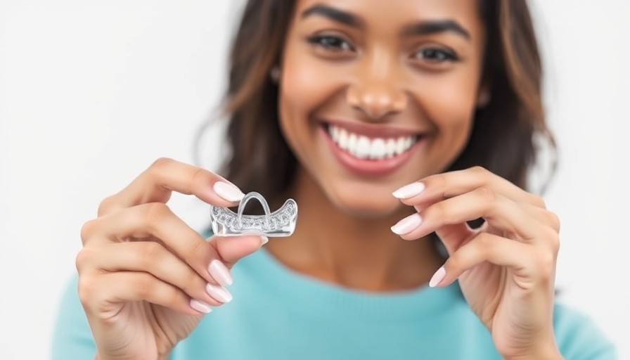 Smiling young woman holding Invisalign, showcasing dental solution.