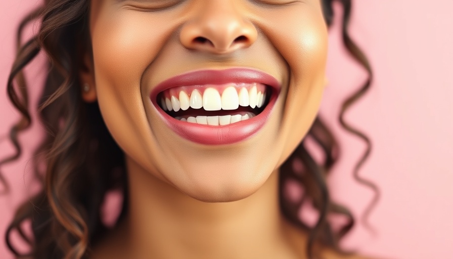 Cheerful woman with porcelain veneers smiling, pink background.