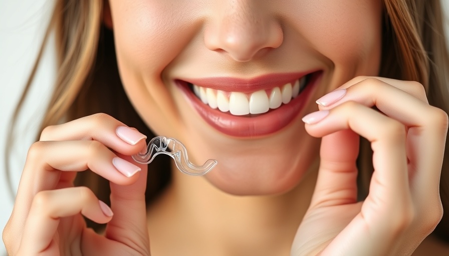 Smiling woman with Invisalign aligner, illustrating treatment time.