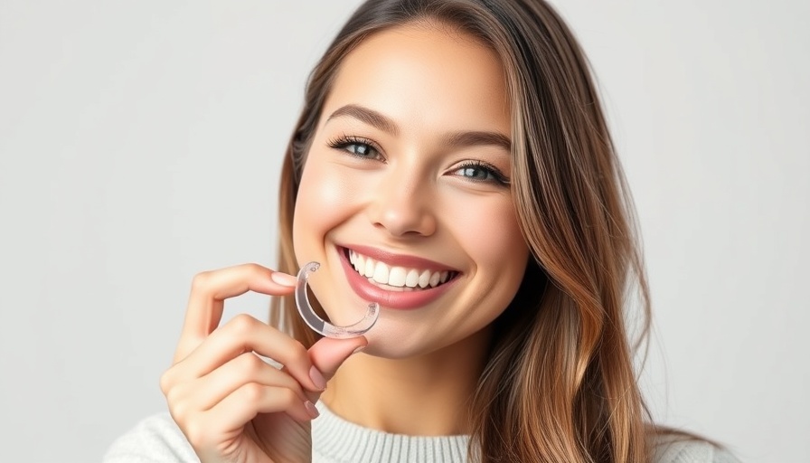 Smiling woman demonstrating Invisalign aligner, clean and bright.