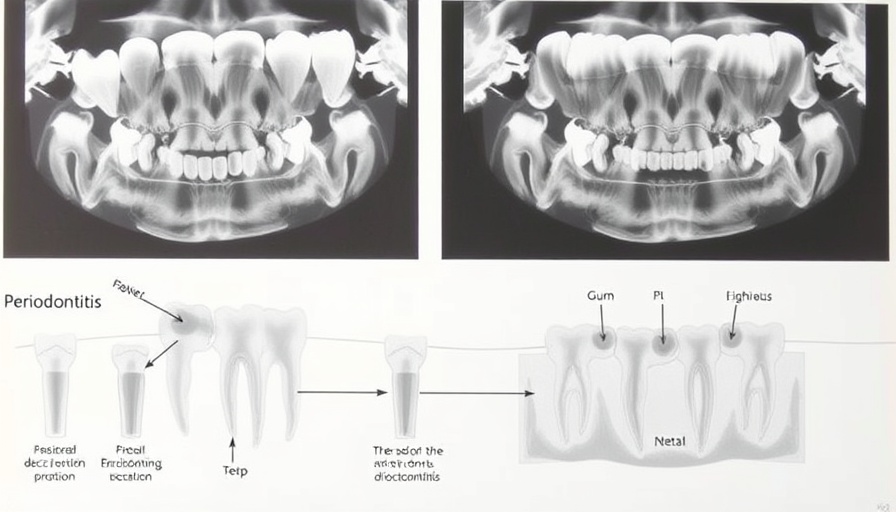 Periodontitis progression X-ray showing gum and tooth health stages.