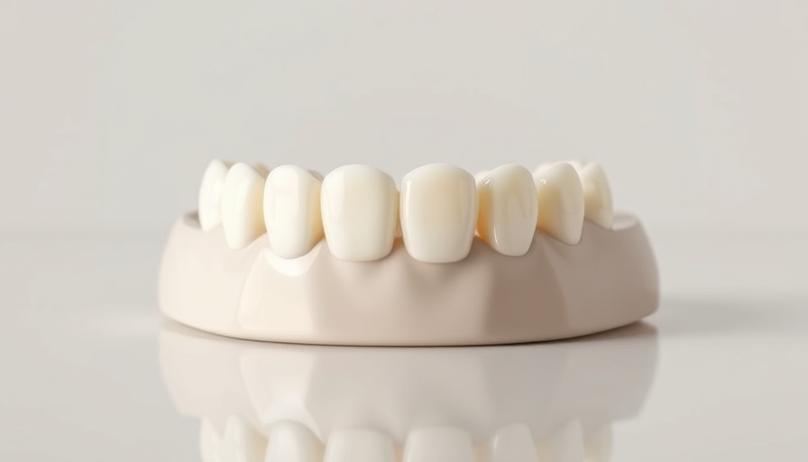 Detailed six-tooth bridge model on a reflective surface.